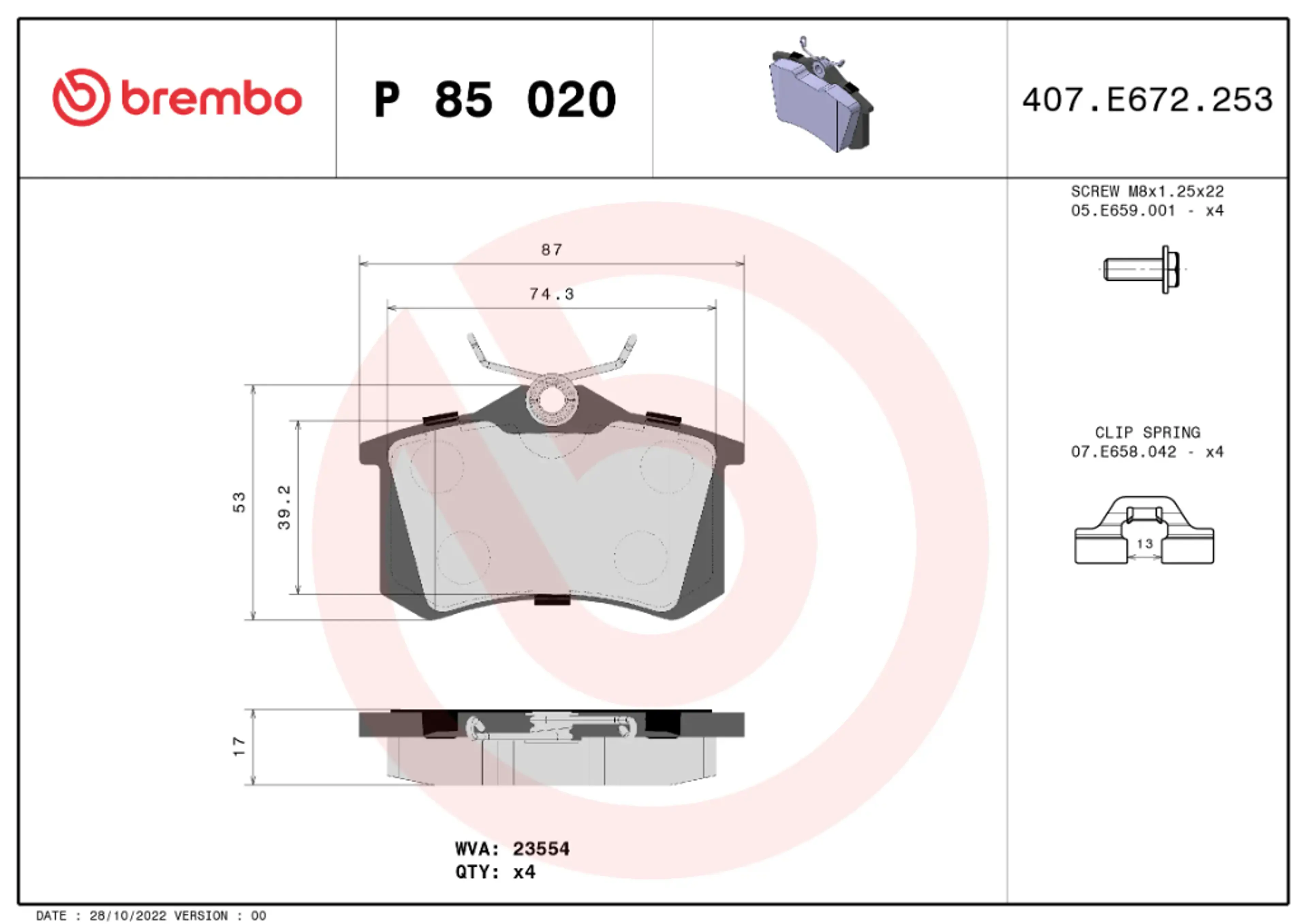 BREMBO JUEGO PASTILLAS DE FRENO TRASERAS VAG PSA