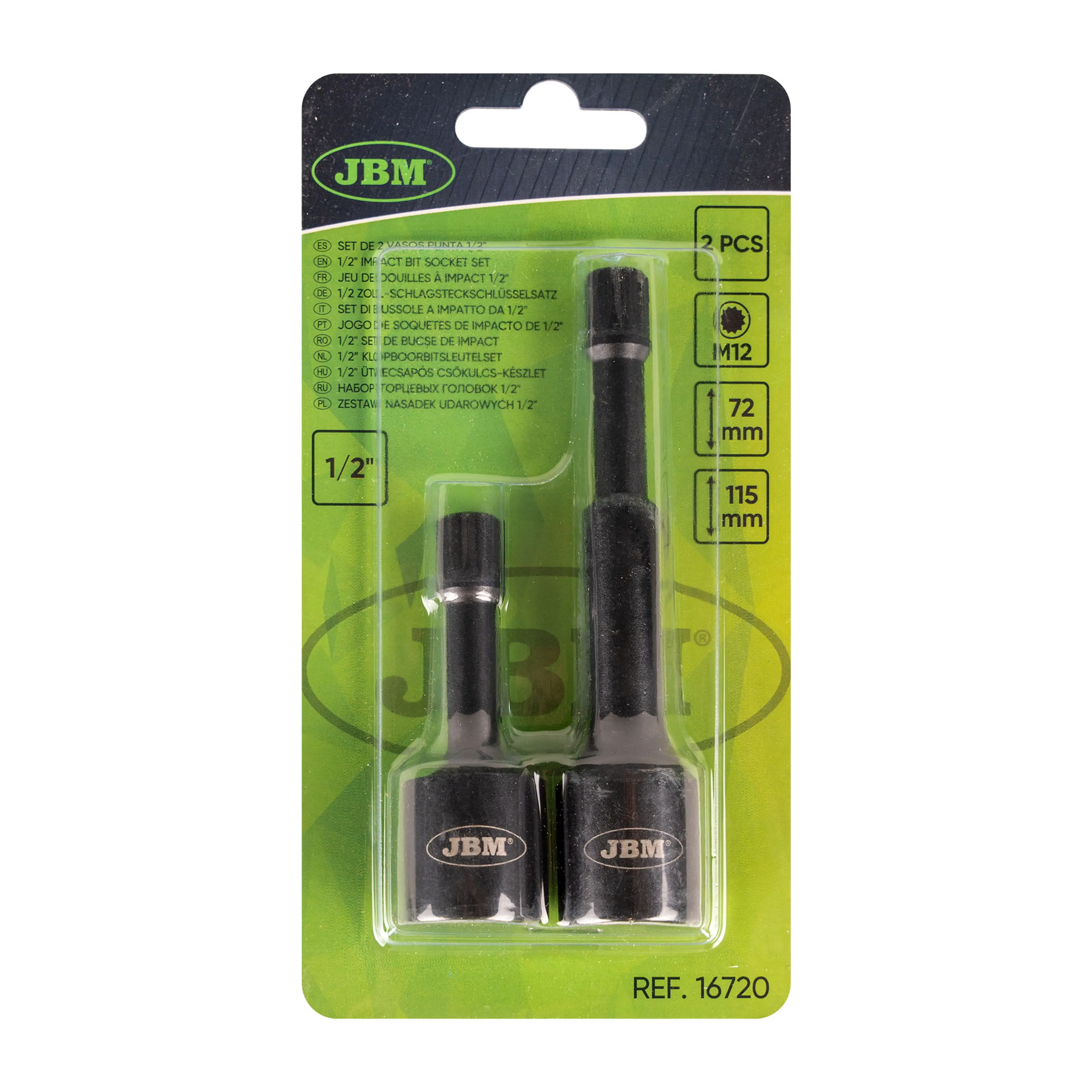 JBM 1/2" VASOS DE IMPACTO ESPECIAL PARA TORNILLOS SPLINE (XZN) M12 2/P