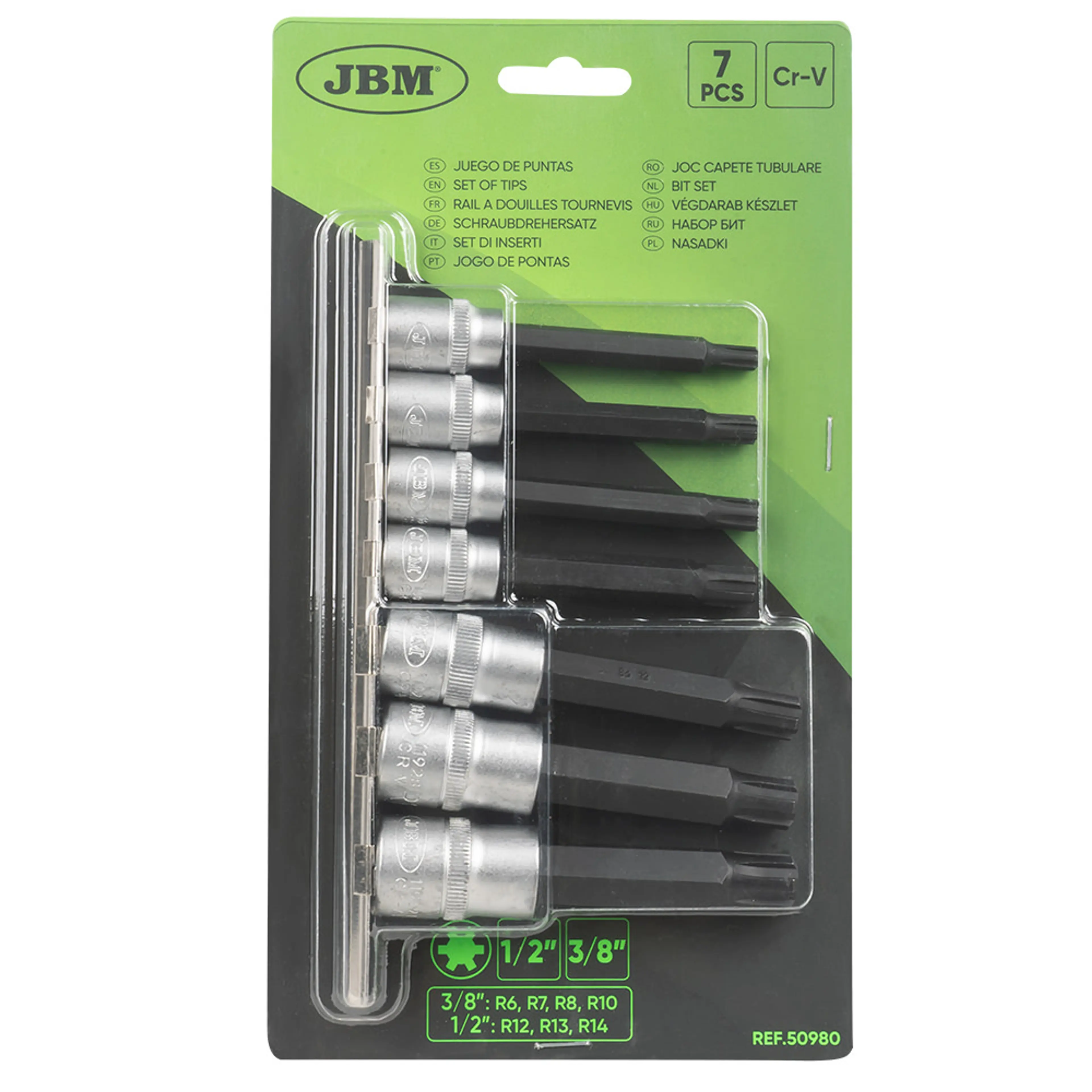 JBM JUEGO DE 7 PUNTAS RIBE CON VASO DE 1/2" Y 3/8"