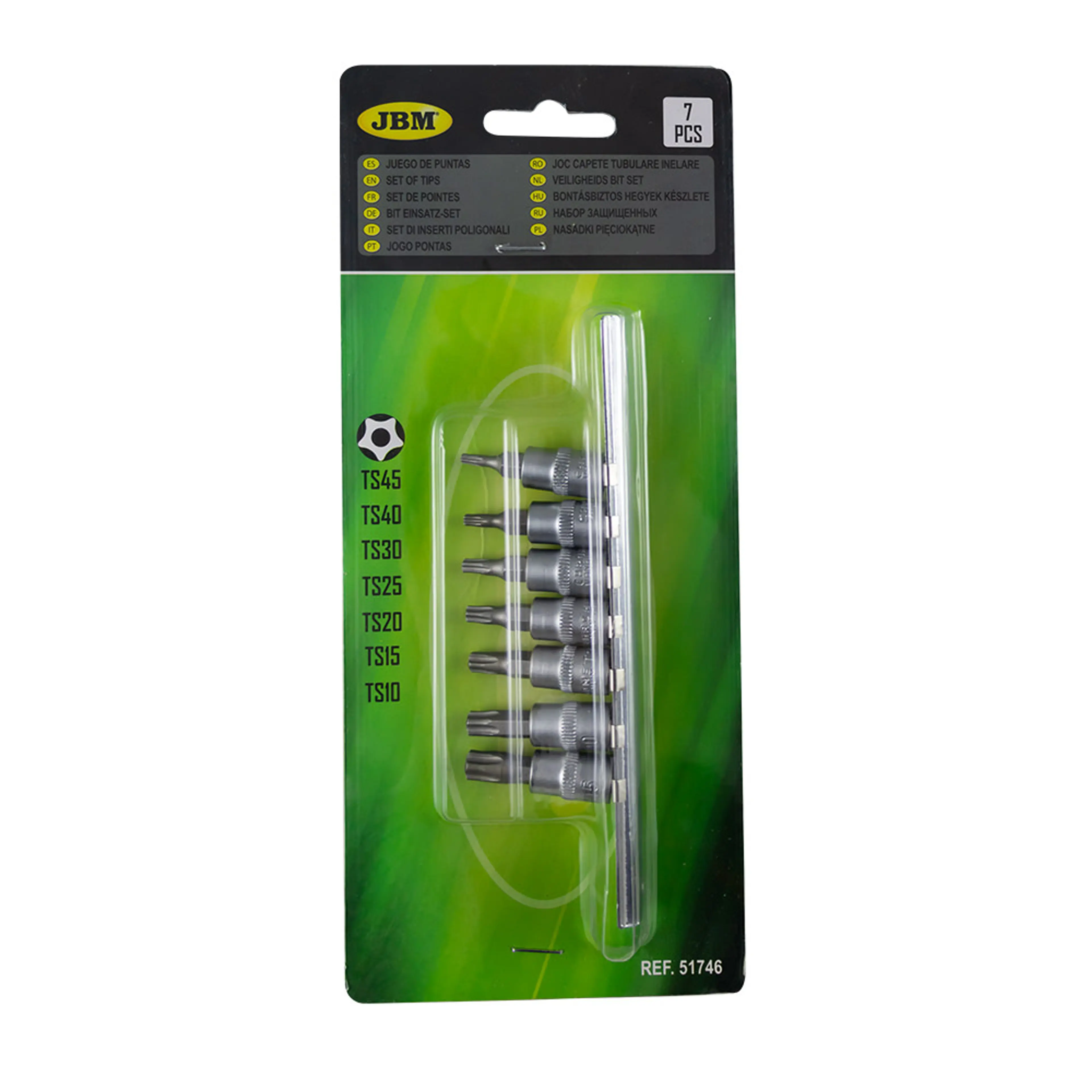 JBM JUEGO DE 7 PUNTAS TS DE 5 DIENTES INVIOLABLE CON VASO DE 1/4"