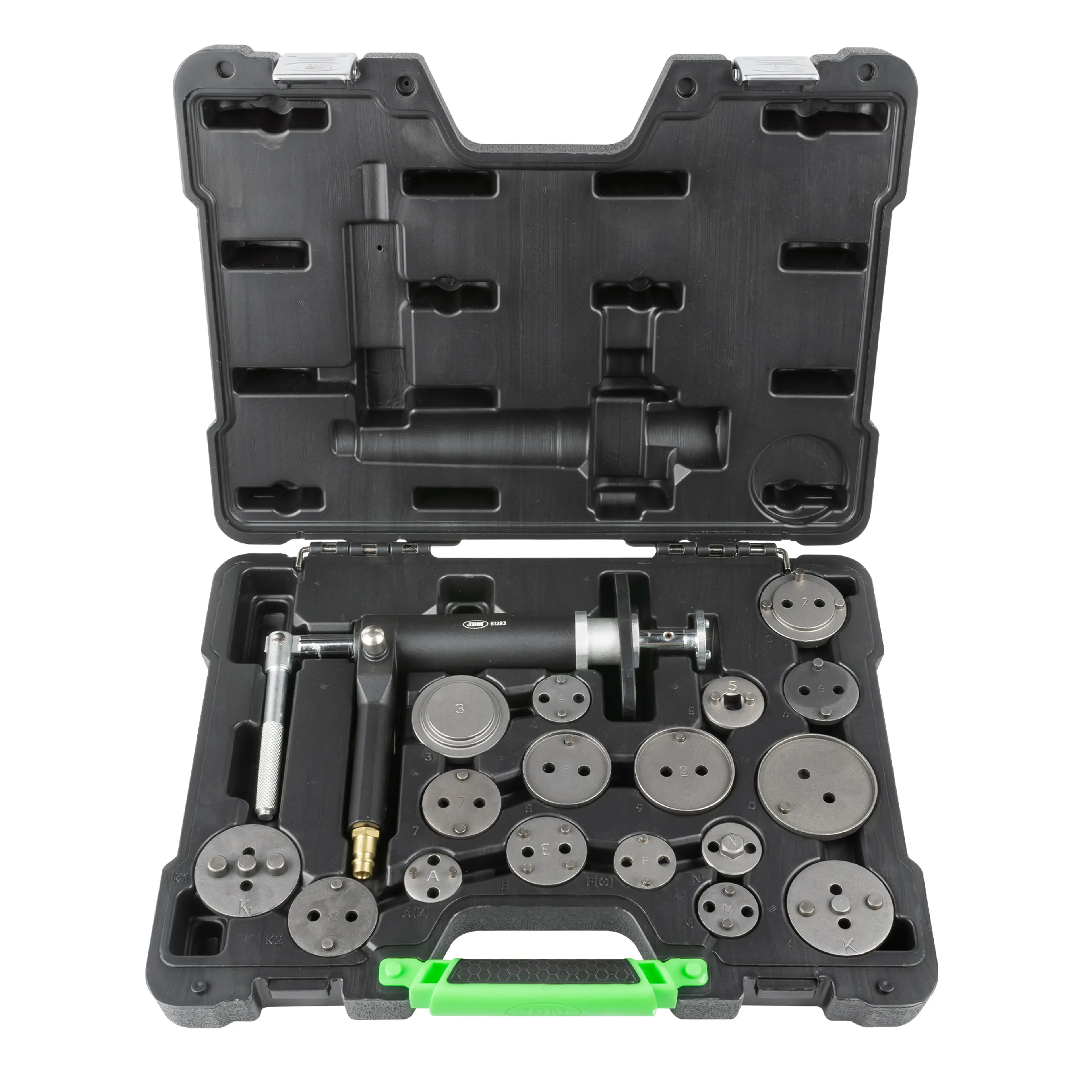 JBM KIT REPOSICIONADOR PARA PISTONES DE FRENO CON PISTOLA 18PCS