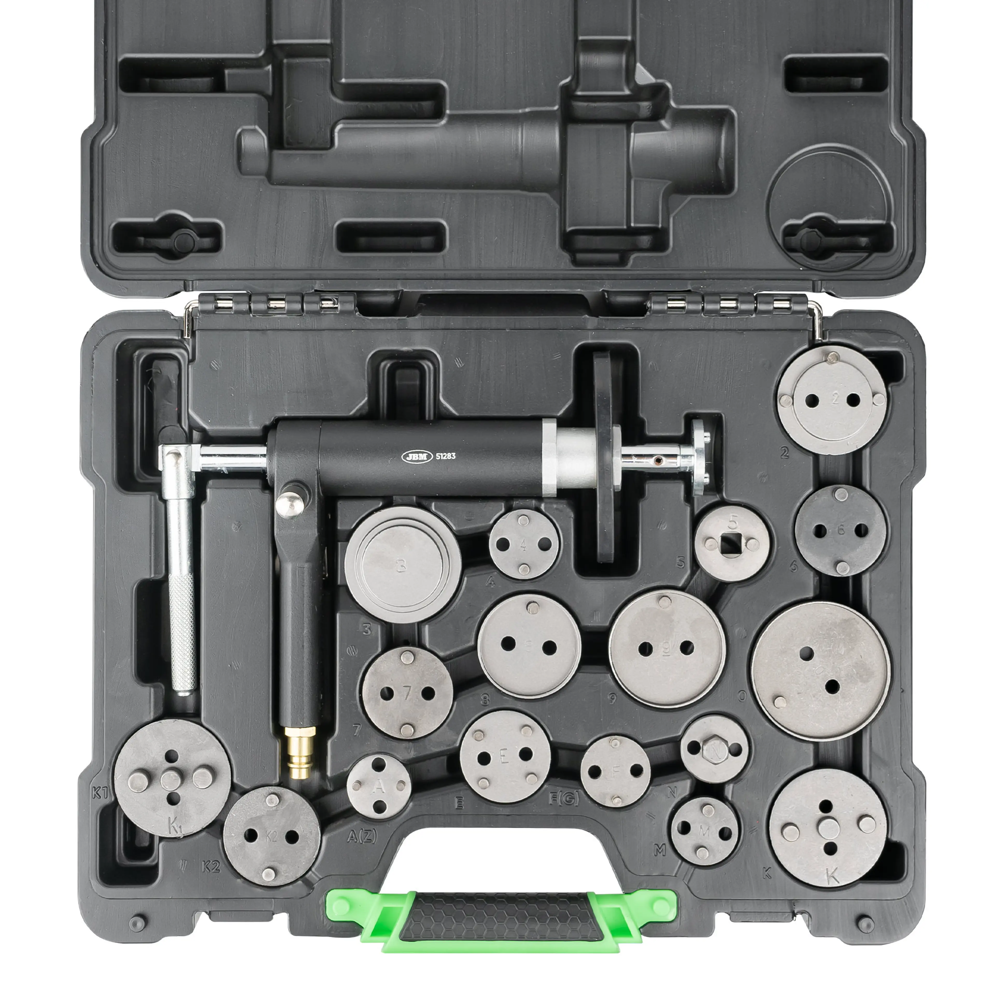 JBM KIT REPOSICIONADOR PARA PISTONES DE FRENO CON PISTOLA 18PCS