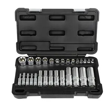JBM SET DE 28 VASOS TORX CORTOS Y LARGOS DE 1/2", 1/4" Y 3/8" CINCADO