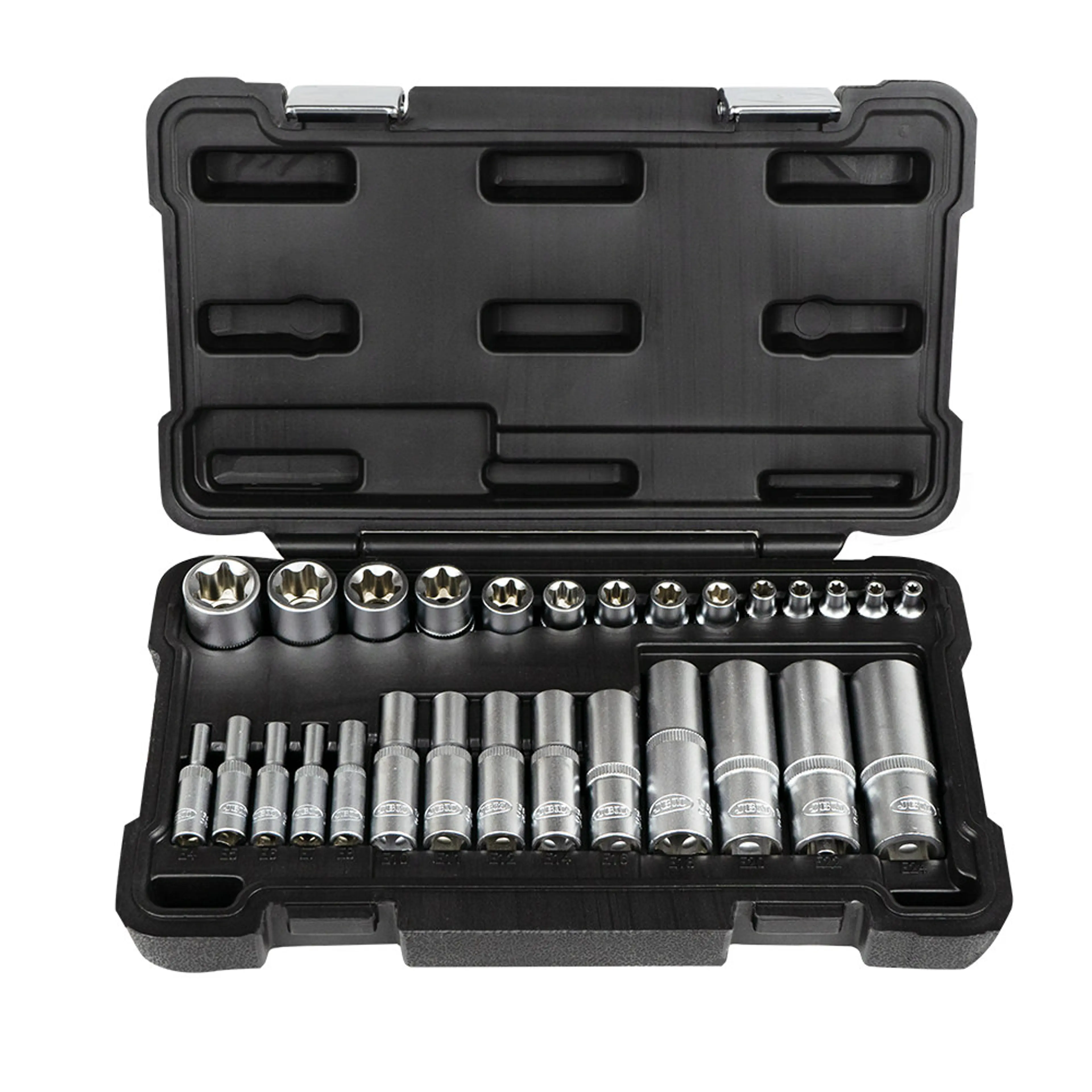 JBM SET DE 28 VASOS TORX CORTOS Y LARGOS DE 1/2", 1/4" Y 3/8" CINCADO