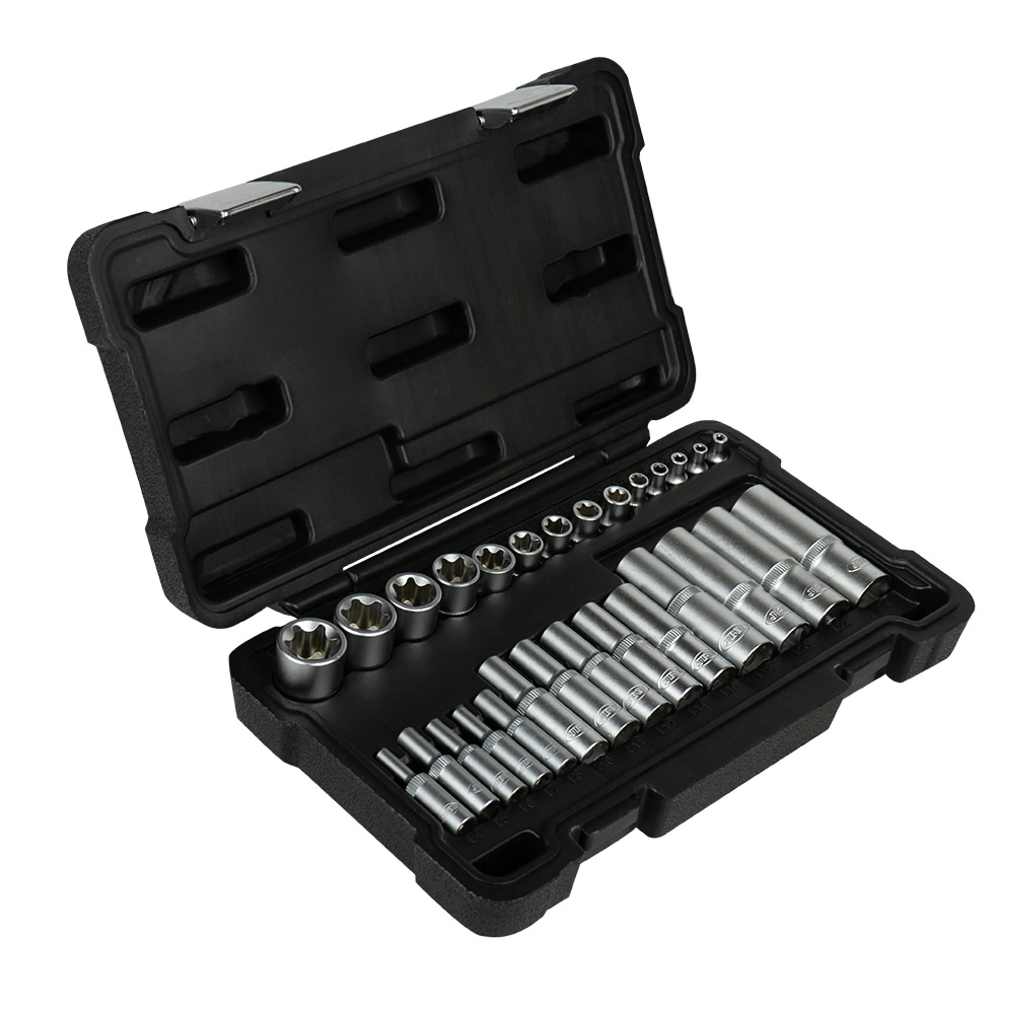 JBM SET DE 28 VASOS TORX CORTOS Y LARGOS DE 1/2", 1/4" Y 3/8" CINCADO