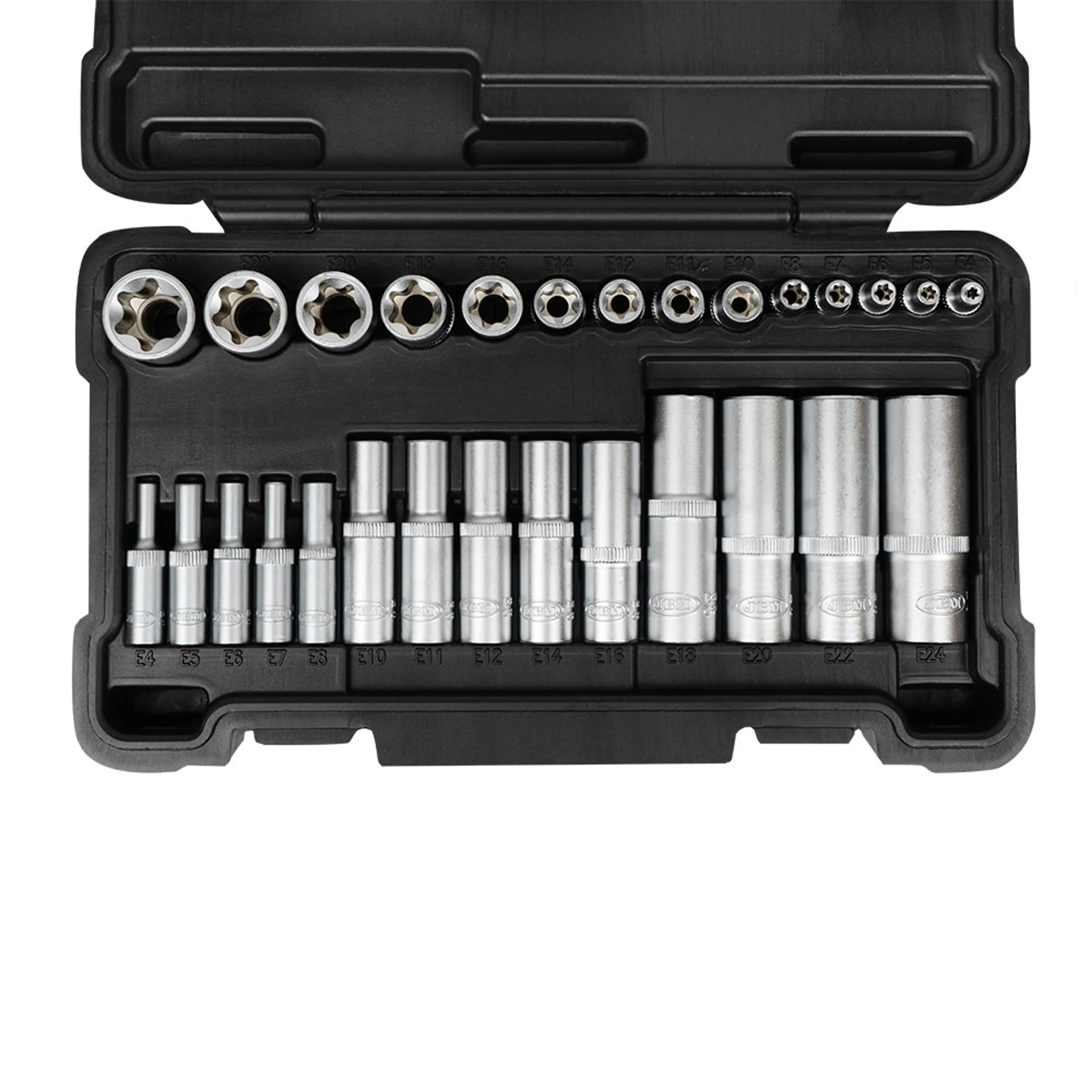 JBM SET DE 28 VASOS TORX CORTOS Y LARGOS DE 1/2", 1/4" Y 3/8" CINCADO