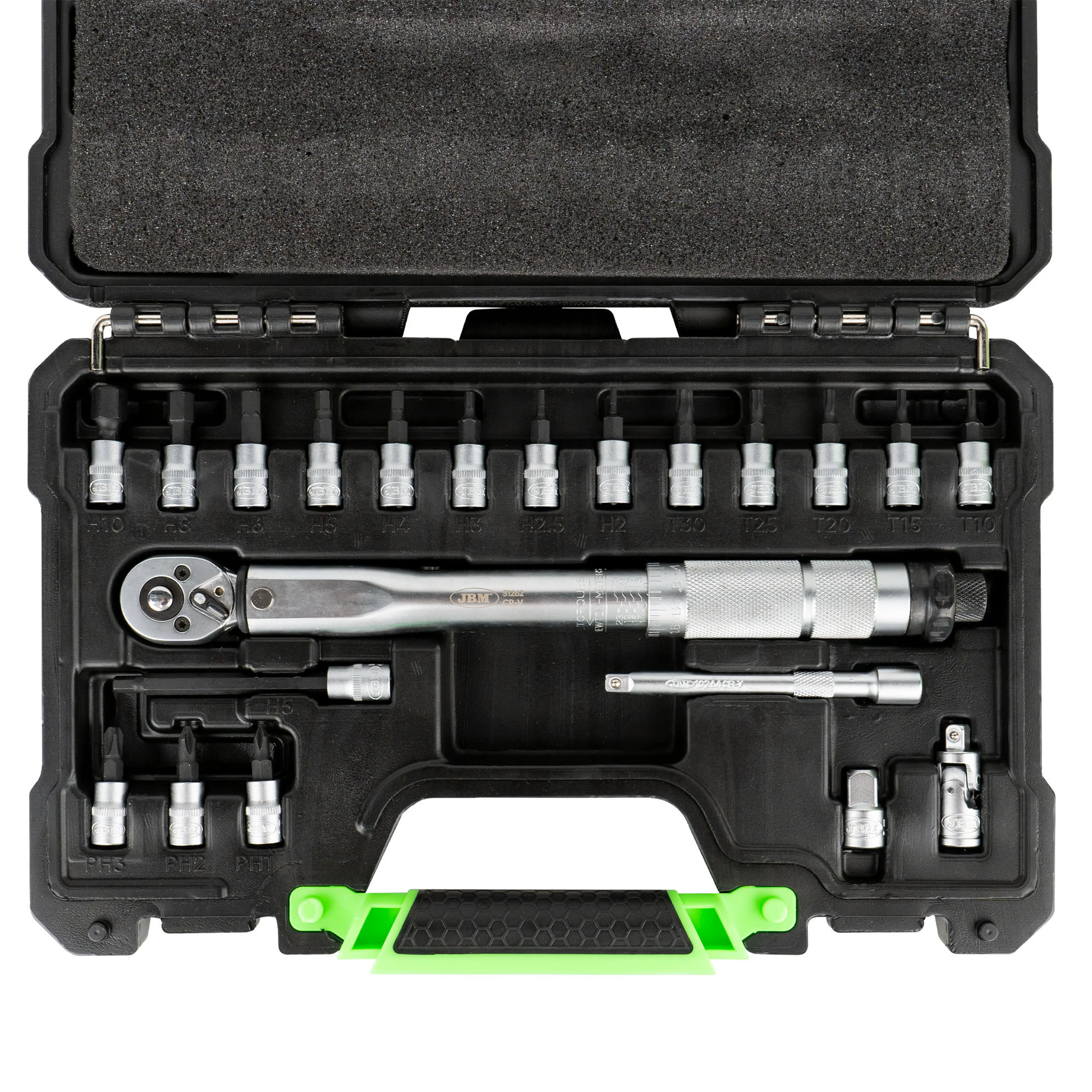 JBM ESTUCHE DE 21 PUNTAS Y ADAPTADORES DE 1/4" CON LLAVE DINAMOMÉTRICA