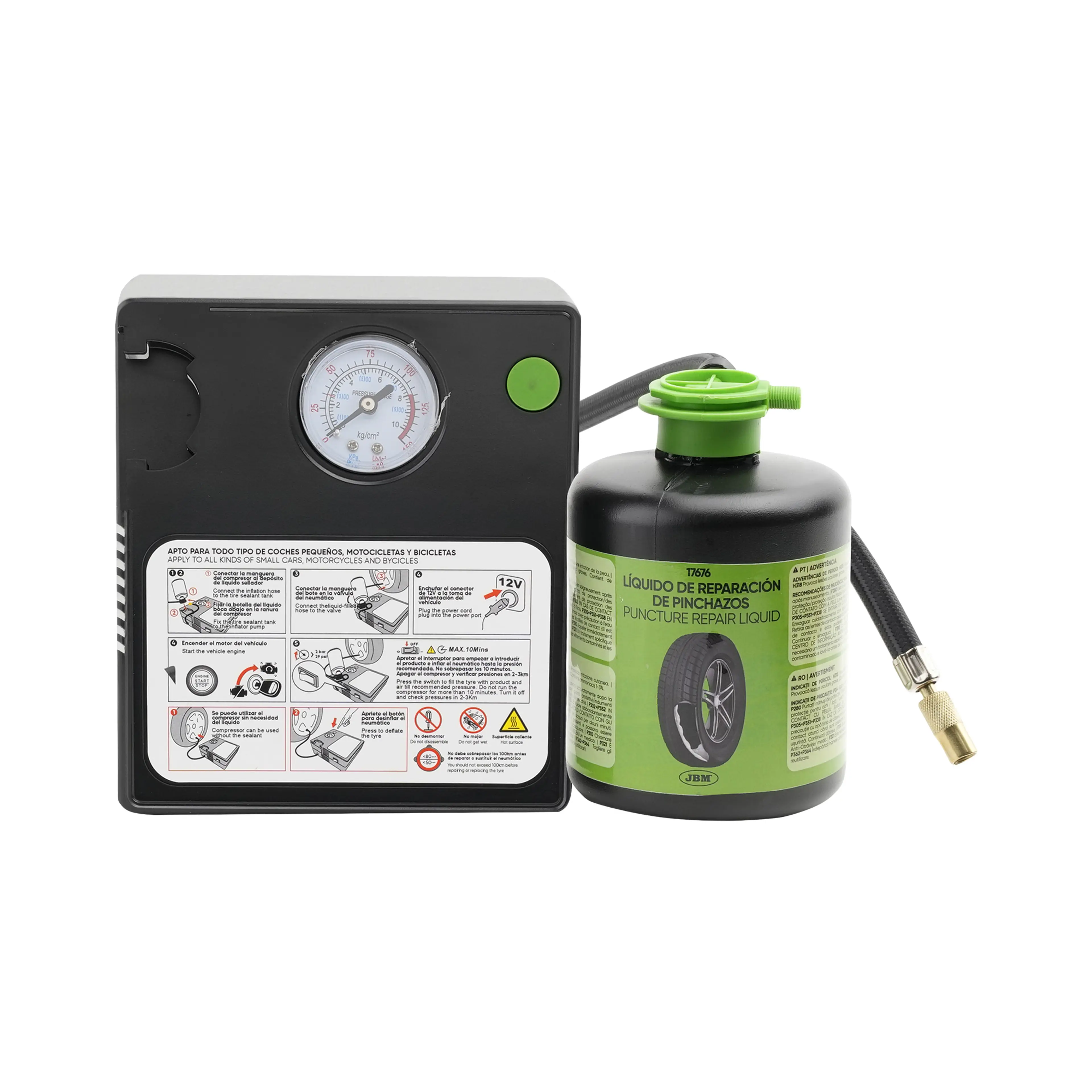 JBM KIT SELLADOR DE PINCHAZOS - LÍQUIDO Y COMPRESOR DE AIRE